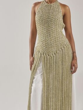 AKIRA Gold Metallic Crochet Halter Fringe Top